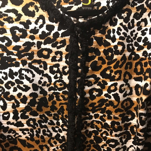 Sportelle Jacket Leopard Animal Print Lined fringe Medium 3/4 sleeve hook & eye - Picture 3 of 7